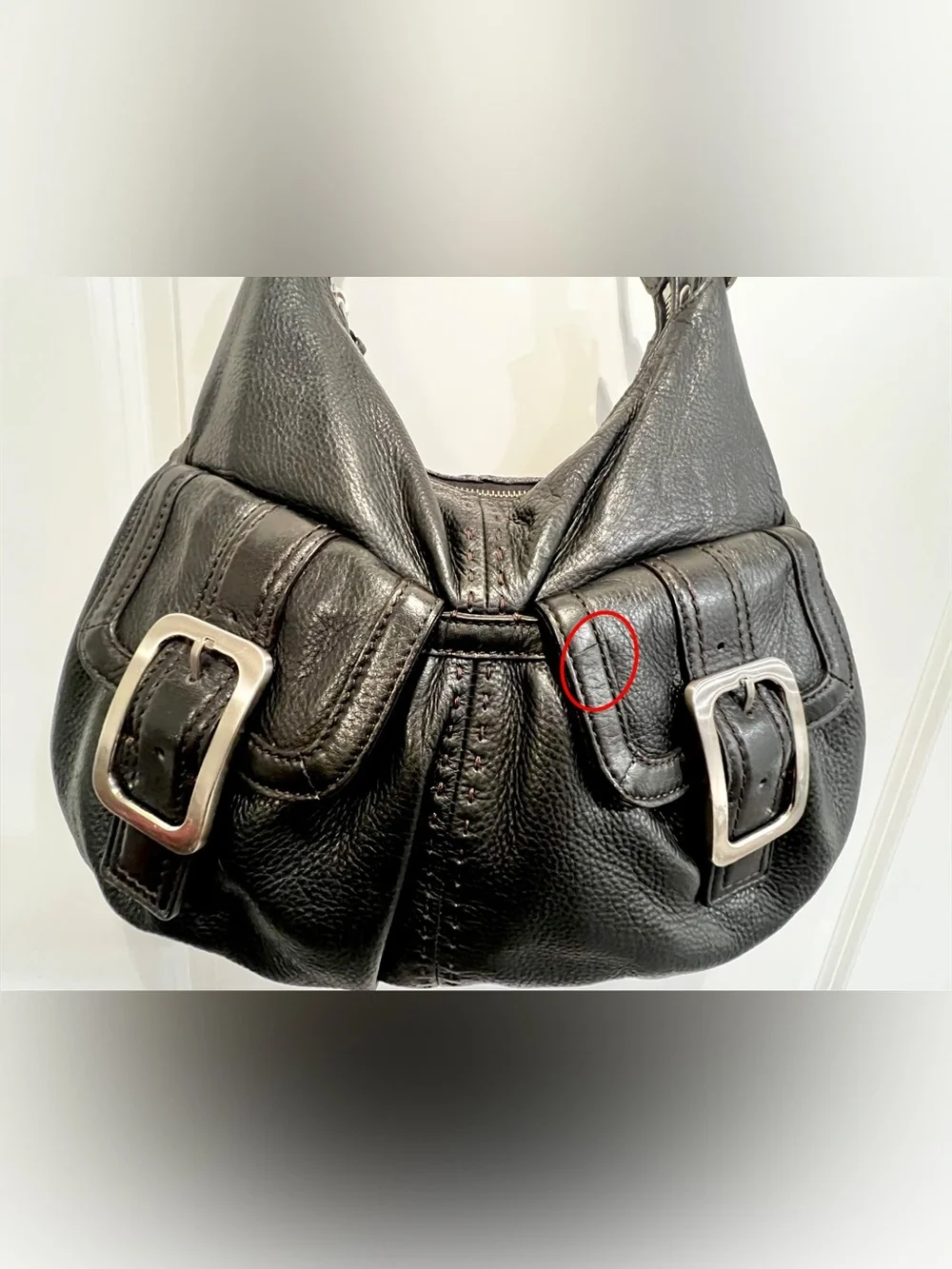 ✨COLE HAAN Y2K Large Black Leather Hobo Slouchy Shoulder Bag Buckles Pockets Zip